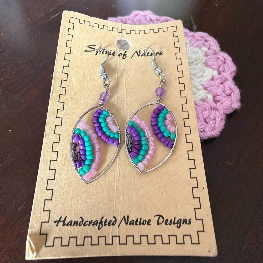 Spirit of Nature Earrings oval seed beads French wire Purple and Pink New